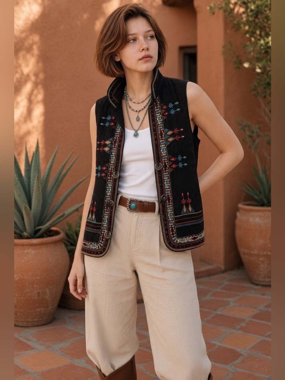 Southwestern Style Black Vest with Colorful Embroidery Size M
